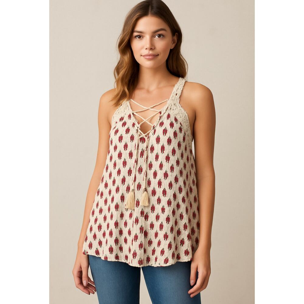Illa Illa Boho Lace Crochet Strap Tunic Top S Cream Red Floral Crinkle Tank